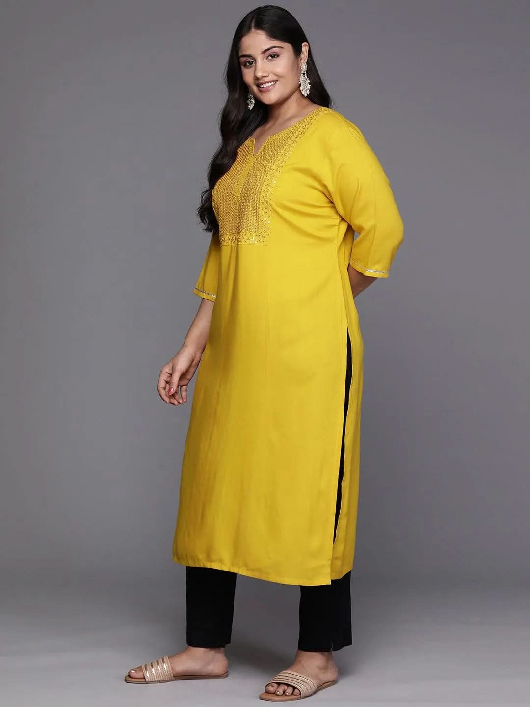 Mustard Yoke Design Rayon Straight Kurta - Libas 