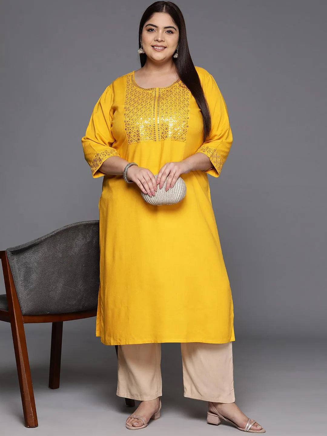 Mustard Yoke Design Rayon Straight Kurta - Libas 
