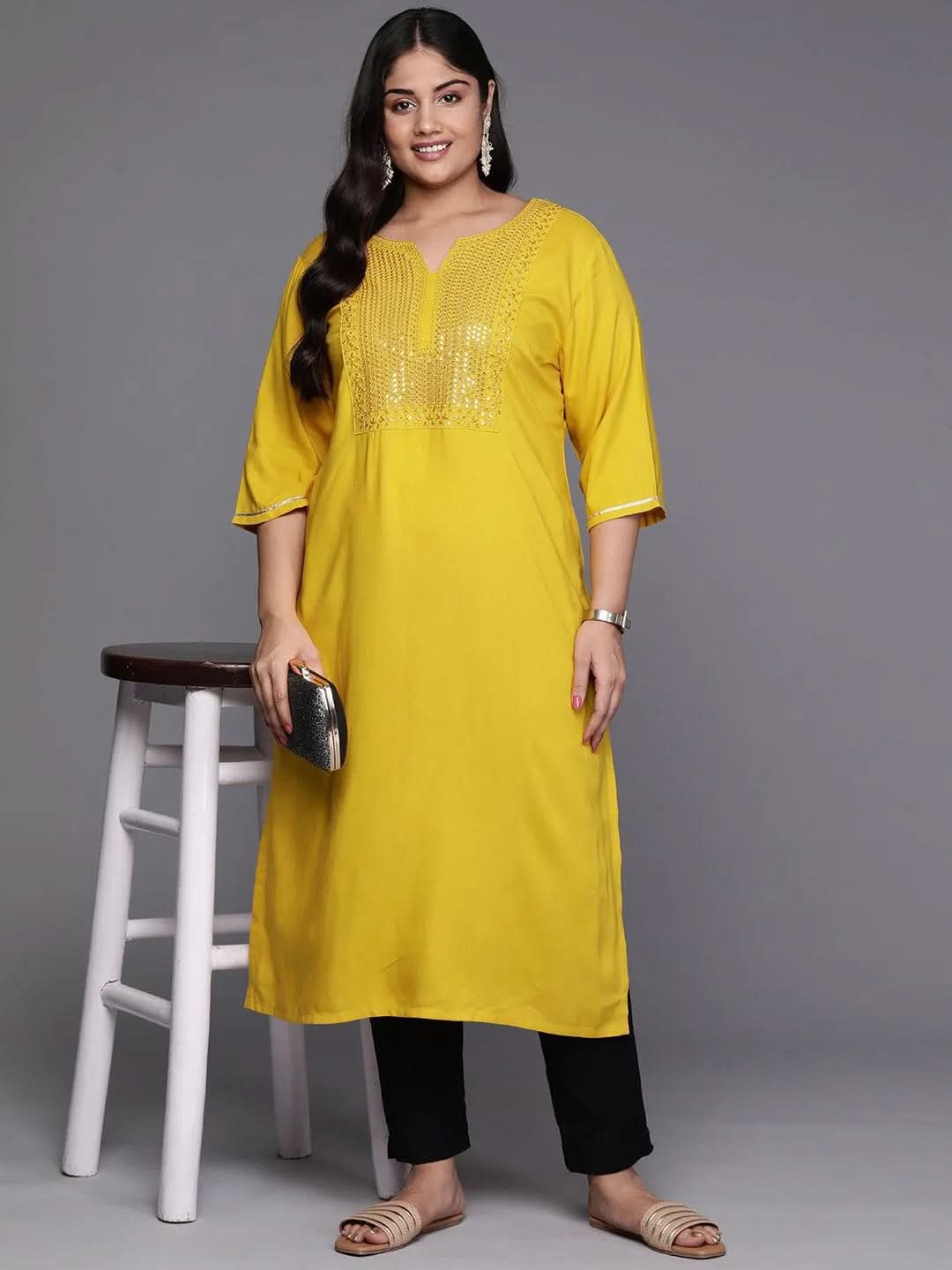 Mustard Yoke Design Rayon Straight Kurta - Libas 