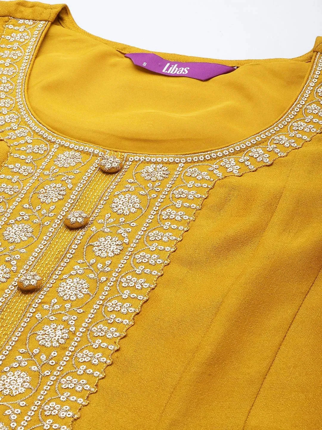 Mustard Yoke Design Silk Blend Anarkali Suit Set - Libas