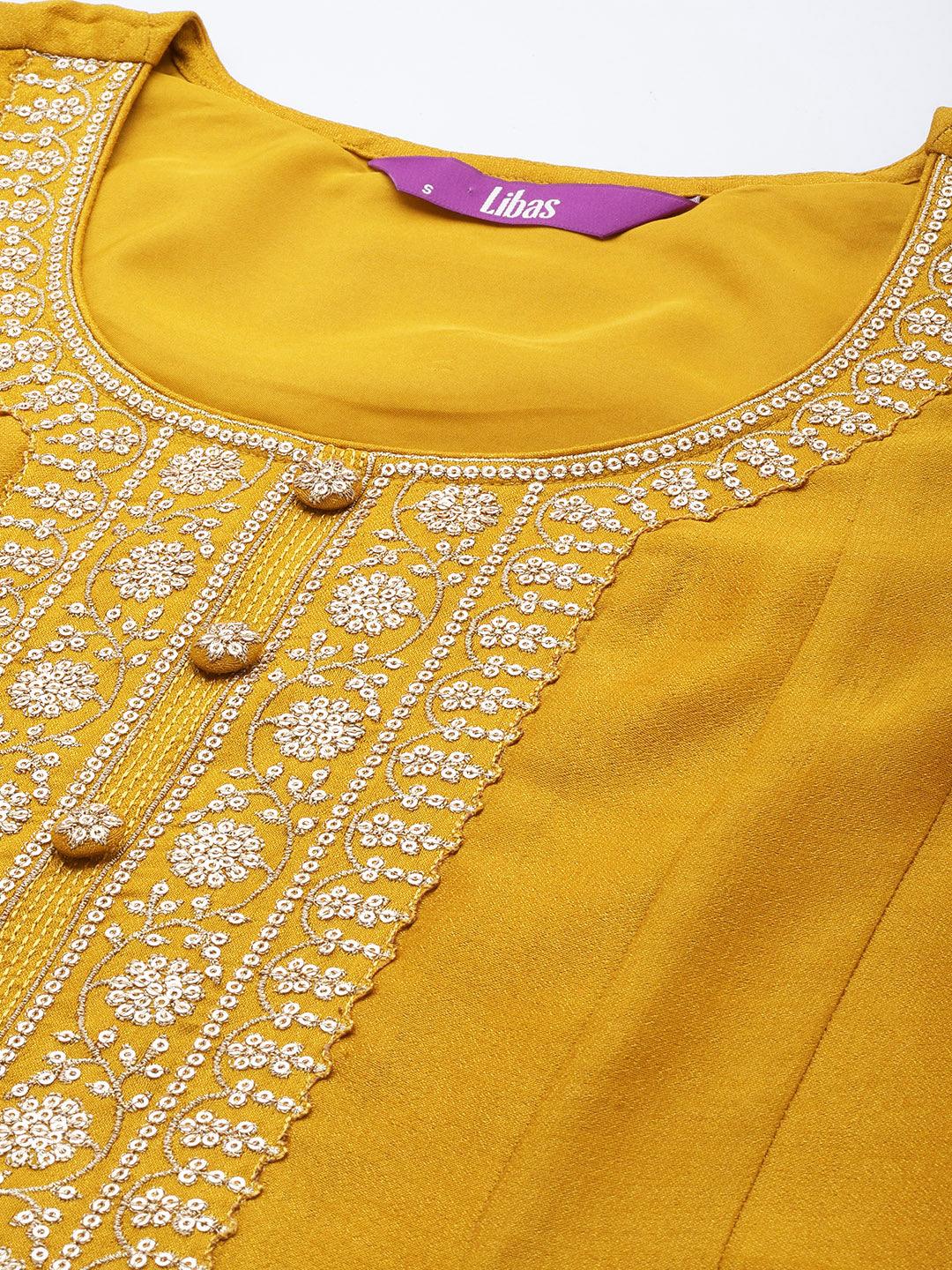 Mustard Yoke Design Silk Blend Anarkali Suit Set - Libas