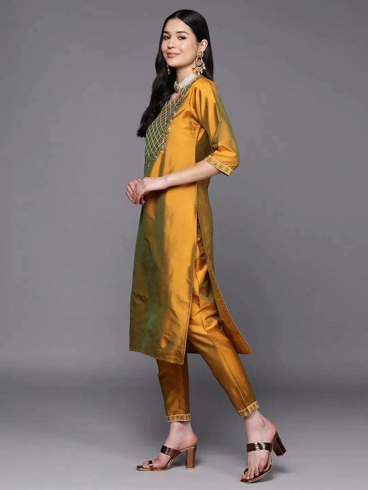 Mustard Yoke Design Silk Blend Suit Set With Trousers - Libas