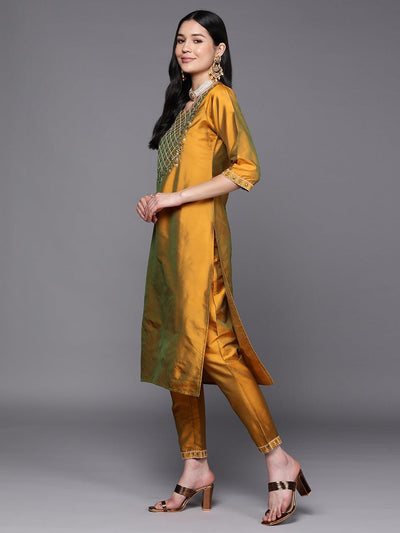 Mustard Yoke Design Silk Blend Suit Set With Trousers - Libas