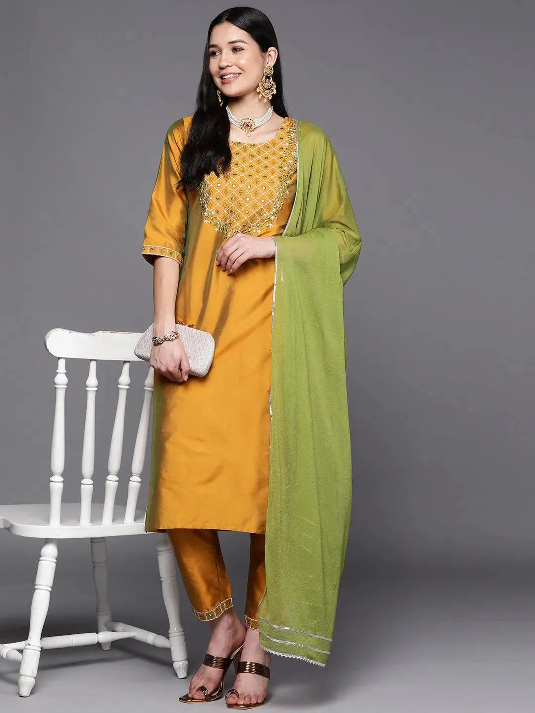 Mustard Yoke Design Silk Blend Suit Set With Trousers - Libas