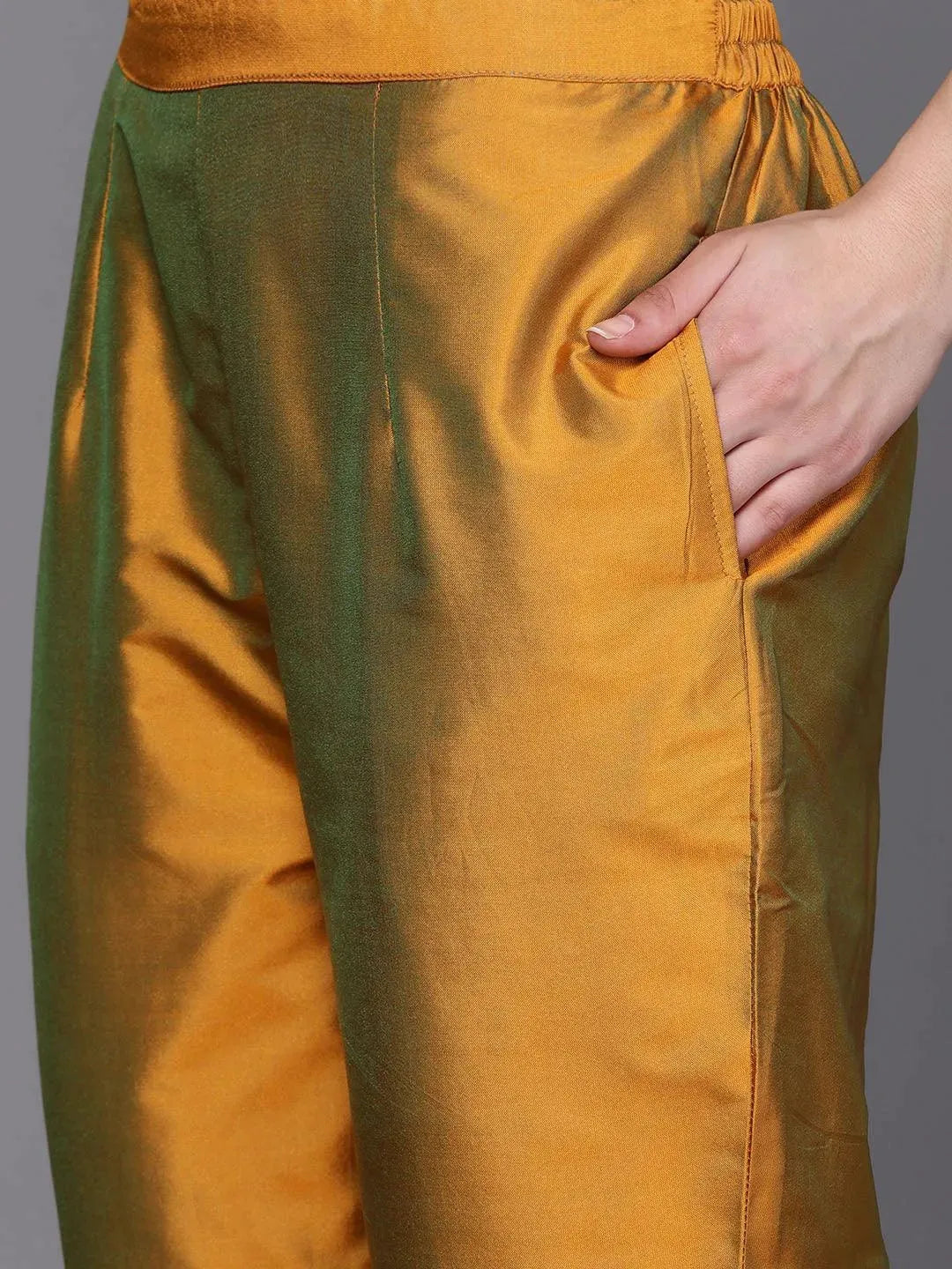 Mustard Yoke Design Silk Blend Suit Set With Trousers - Libas 
