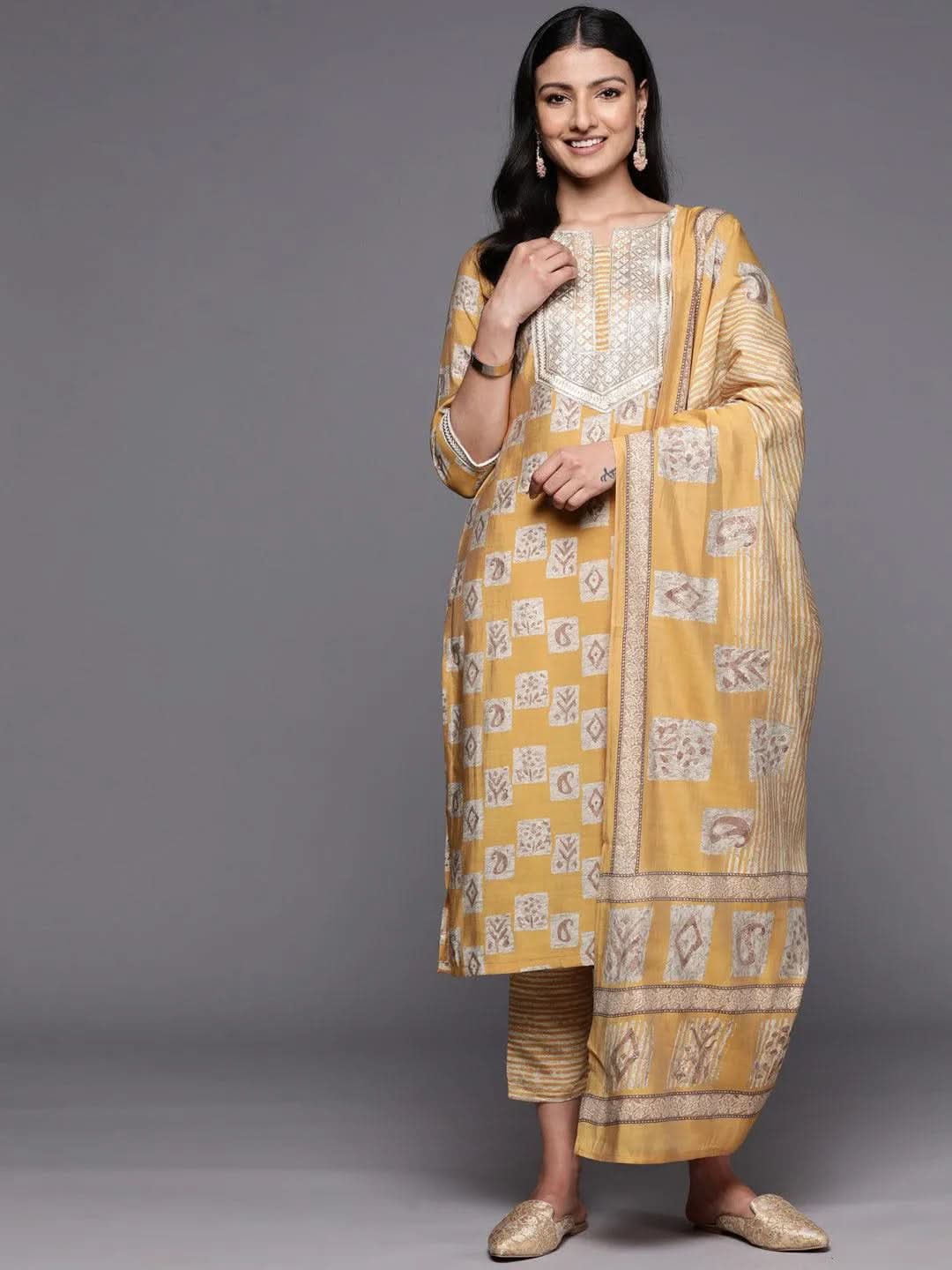 

Mustard Yoke Design Silk Blend Straight Kurta With Trousers & Dupatta