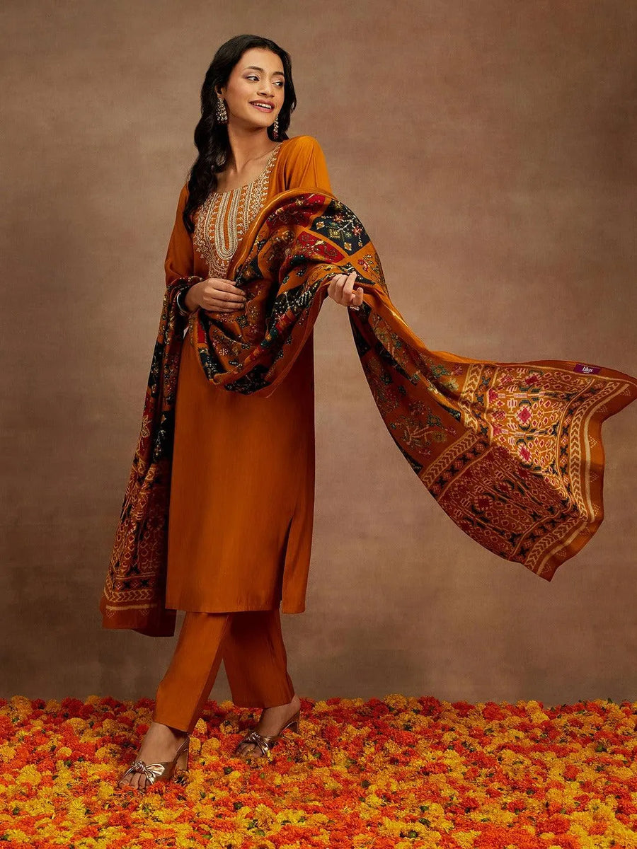 Mustard Yoke Design Muslin Straight Suit With Dupatta