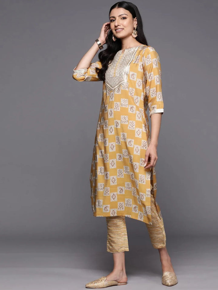 Mustard Yoke Design Silk Blend Straight Suit Set With Trousers - Libas
