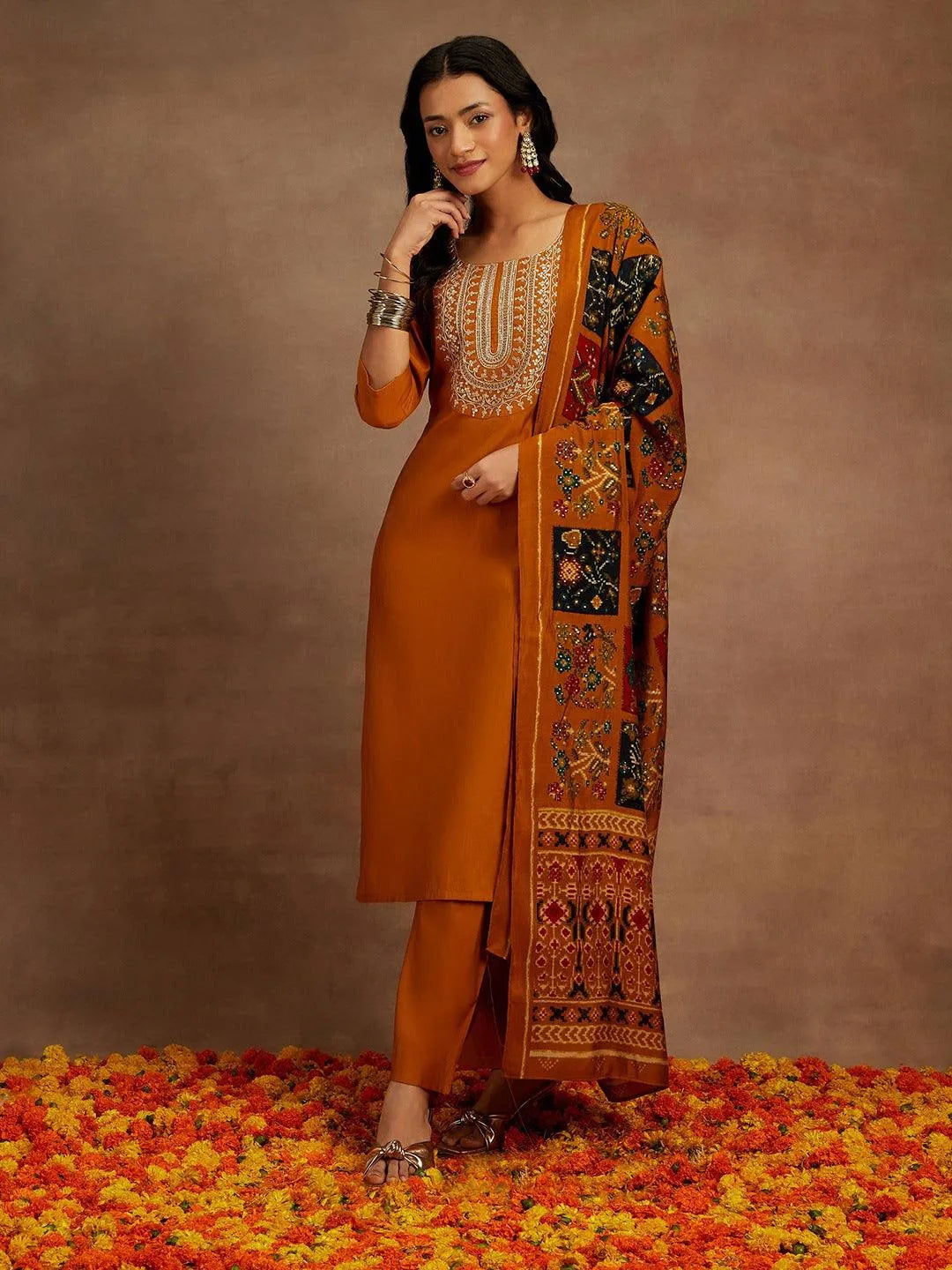 Mustard Yoke Design Silk Blend Straight Kurta With Trousers & Dupatta - Libas 