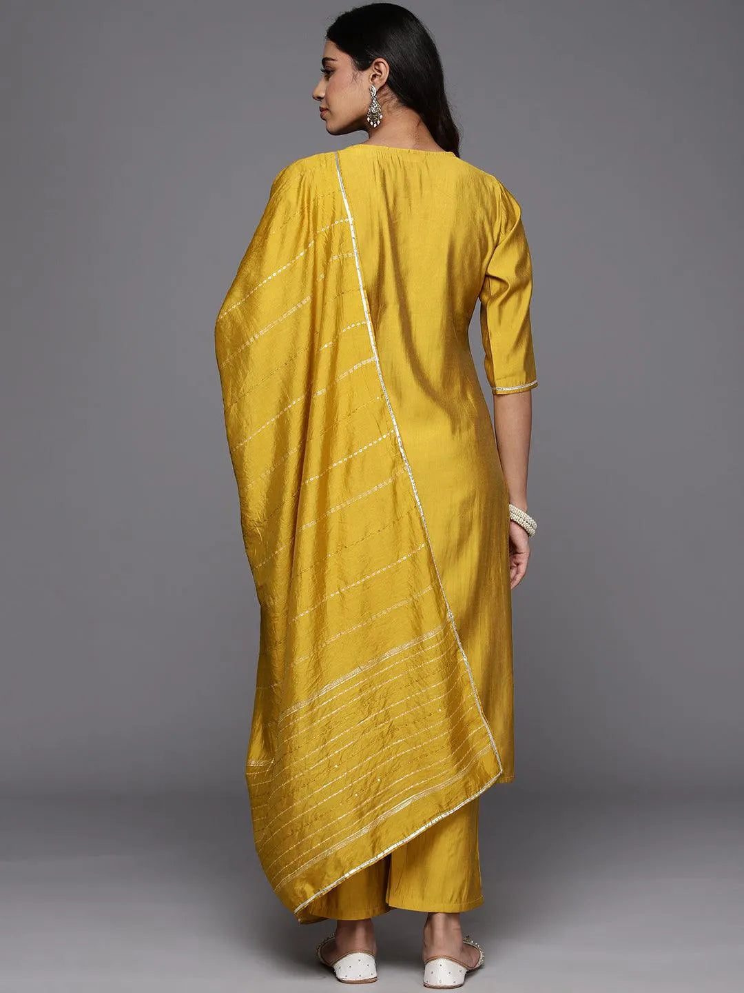 Mustard Yoke Design Silk Blend Straight Kurta With Trousers & Dupatta - Libas 
