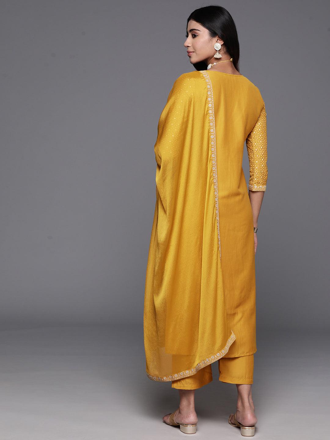 Mustard Yoke Design Silk Blend Straight Suit With Dupatta
