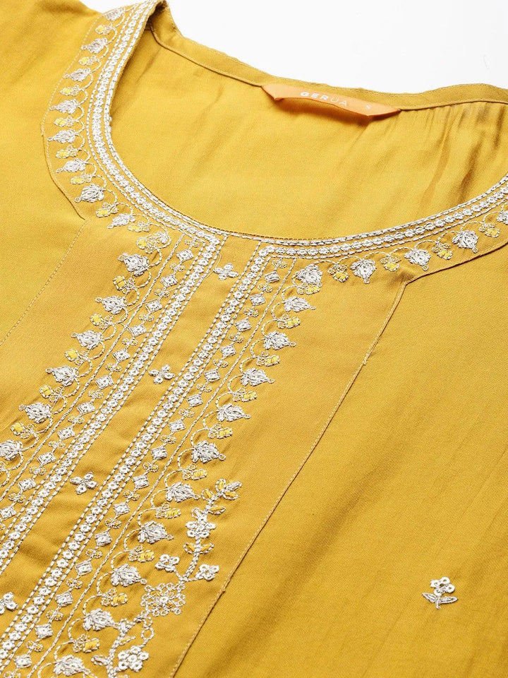 Mustard Yoke Design Silk Blend Straight Kurta With Trousers & Dupatta - Libas