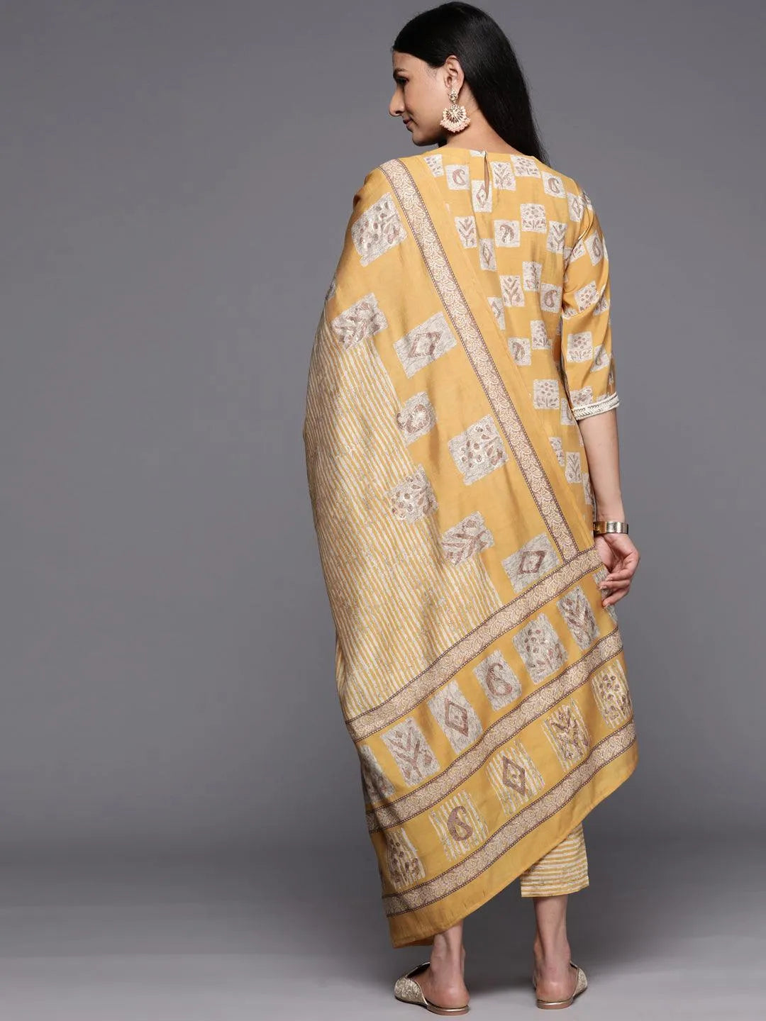 Mustard Yoke Design Silk Blend Straight Suit Set With Trousers - Libas 