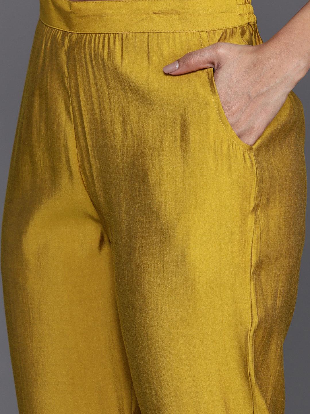 Mustard Yoke Design Silk Blend Straight Kurta With Trousers & Dupatta - Libas