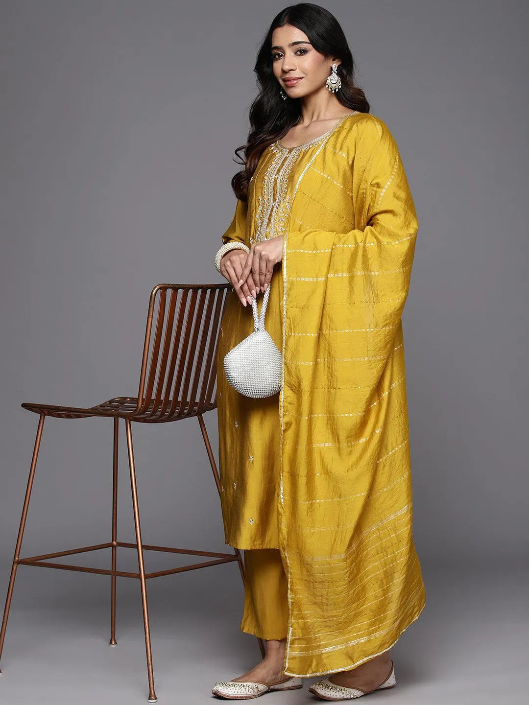 Mustard Yoke Design Silk Blend Straight Kurta With Trousers & Dupatta - Libas 