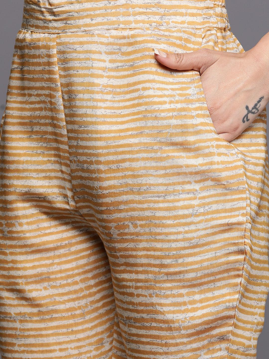 Mustard Yoke Design Silk Blend Straight Kurta With Trousers & Dupatta