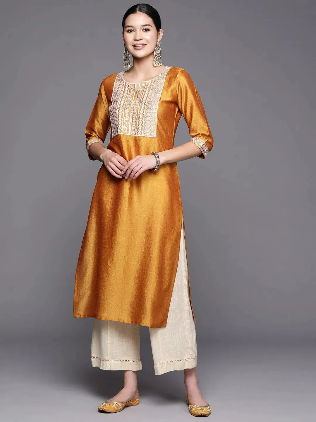 Mustard Yoke Design Silk Straight Kurta - Libas