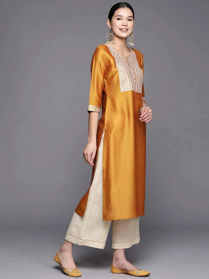 Mustard Yoke Design Silk Straight Kurta - Libas