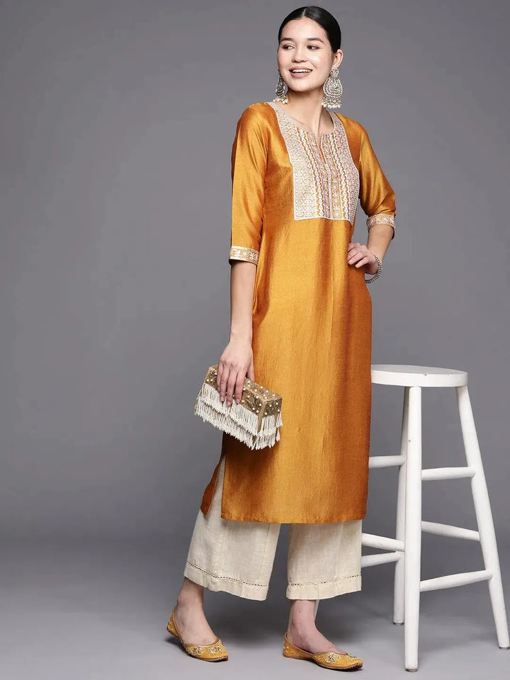 Mustard Yoke Design Silk Straight Kurta - Libas