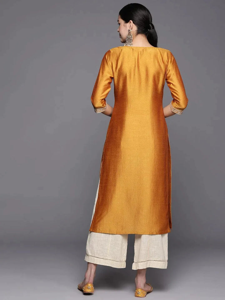 Mustard Yoke Design Silk Straight Kurta - Libas