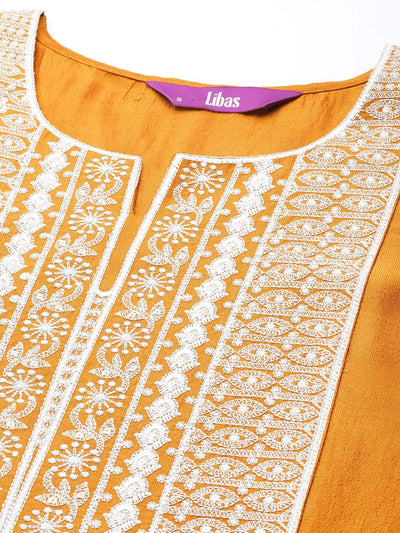 Mustard Yoke Design Silk Straight Kurta - Libas