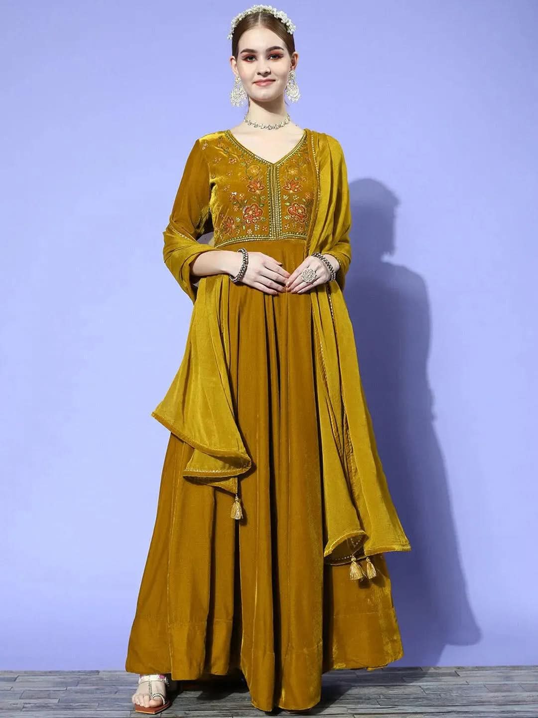 

Mustard Yoke Design Velvet Anarkali Kurta With Churidar & Dupatta