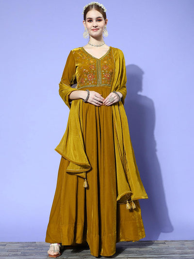 Mustard Yoke Design Velvet Anarkali Suit Set - Libas