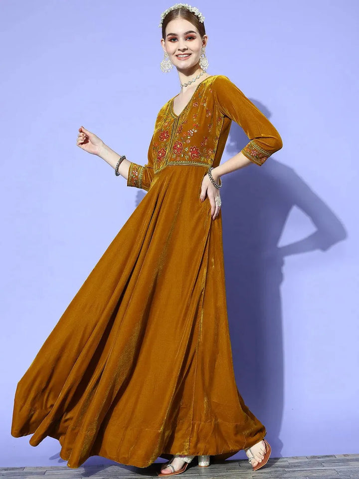 Mustard Yoke Design Velvet Anarkali Suit Set - Libas