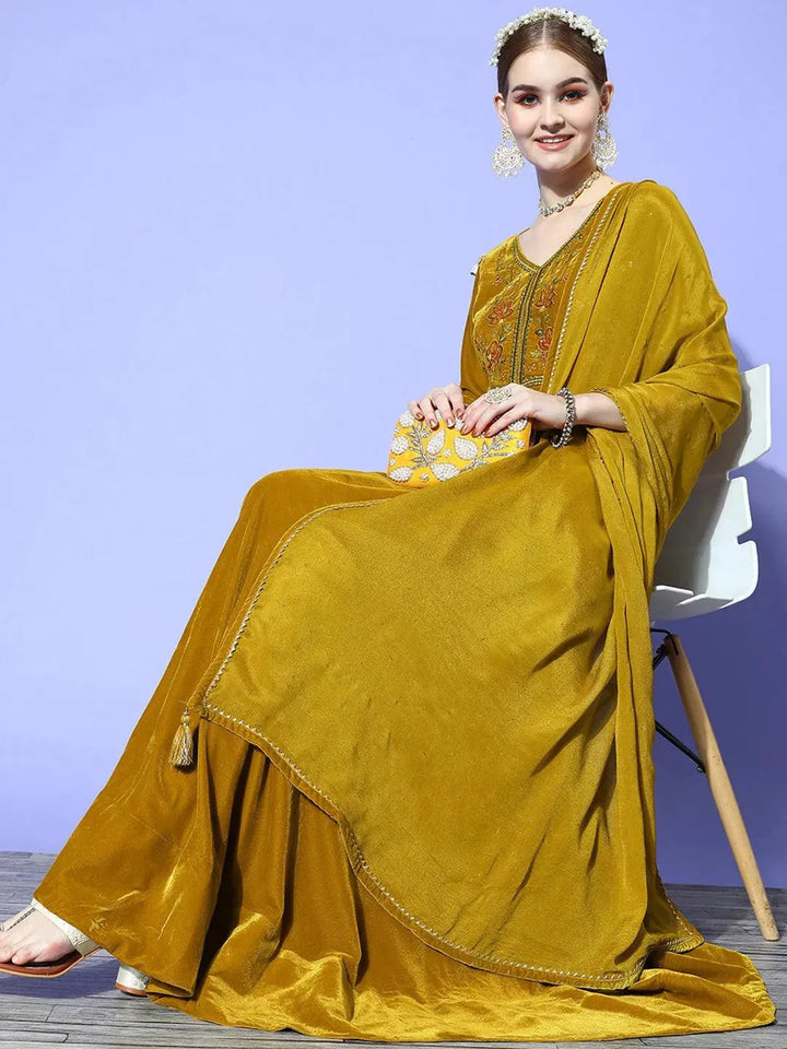 Mustard Yoke Design Velvet Anarkali Suit Set - Libas