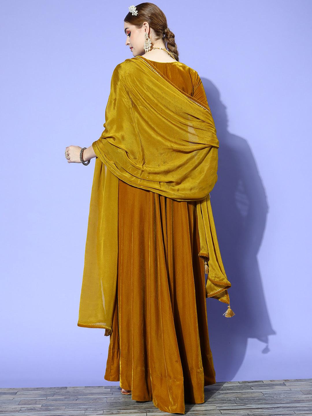 Mustard Yoke Design Velvet Anarkali Suit Set - Libas