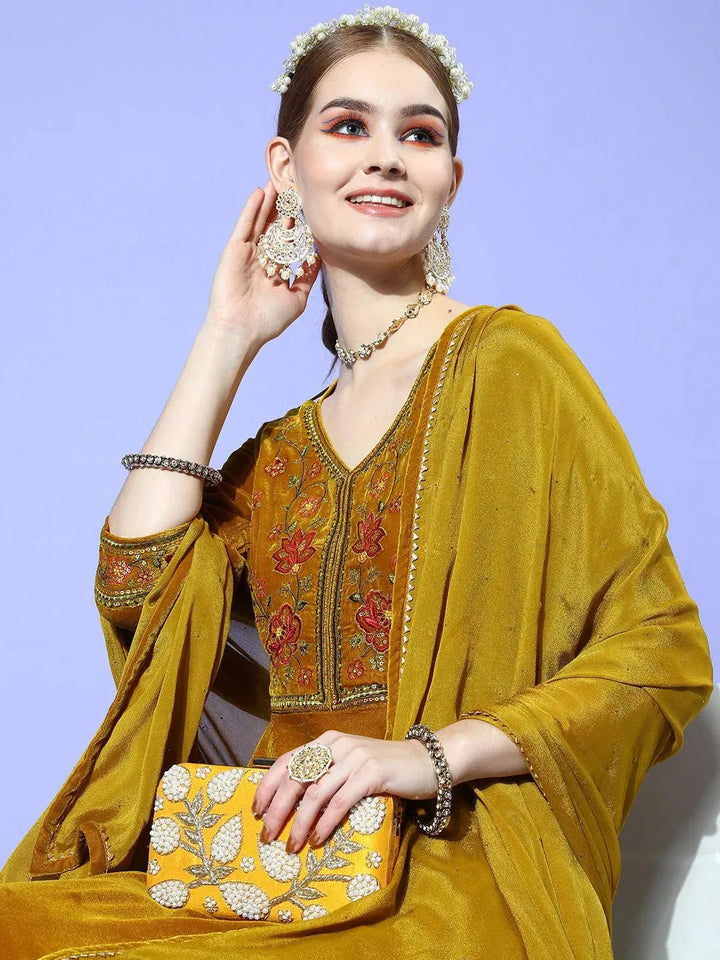 Mustard Yoke Design Velvet Anarkali Suit Set - Libas