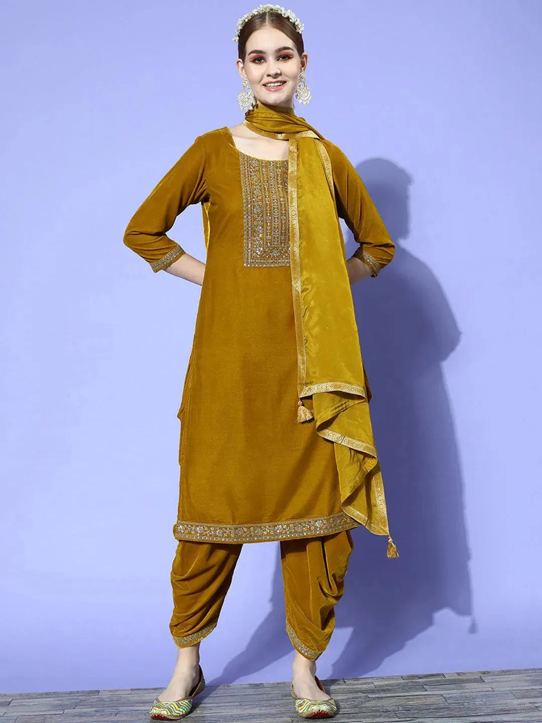 Mustard Yoke Design Velvet Straight Suit Set - Libas 