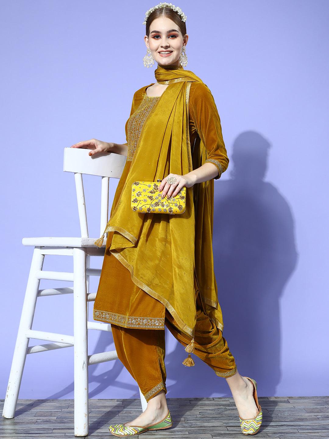 Mustard Yoke Design Velvet Straight Kurta With Dhoti Pant & Dupatta