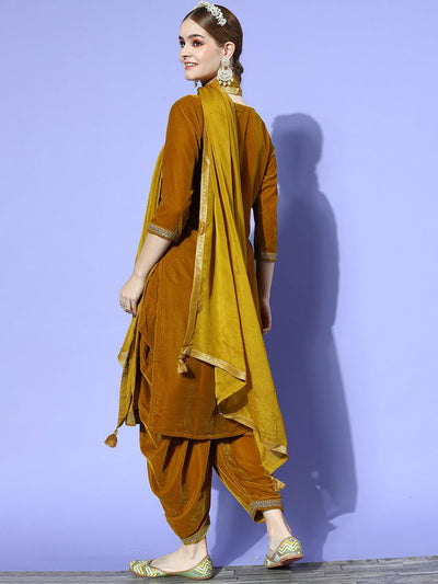 Mustard Yoke Design Velvet Straight Suit Set - Libas