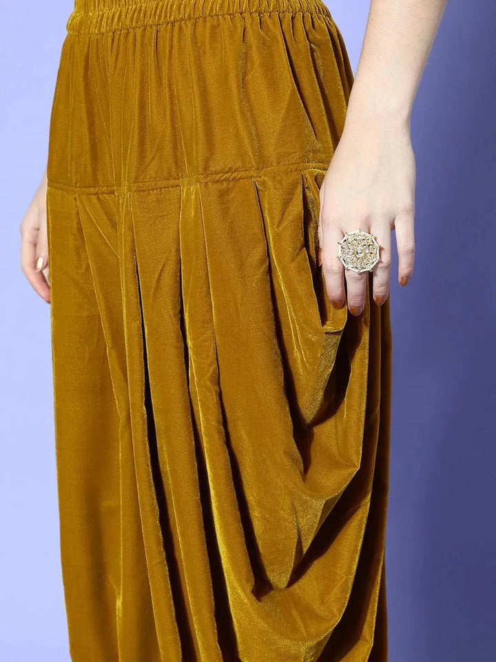 Mustard Yoke Design Velvet Straight Suit Set - Libas