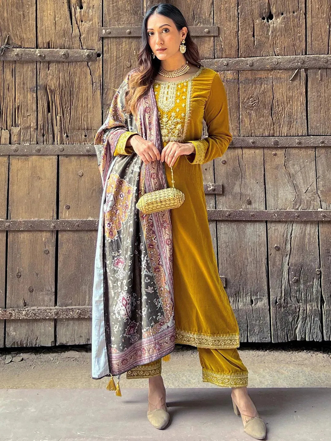 Mustard Yoke Design Velvet Straight Suit Set - Libas