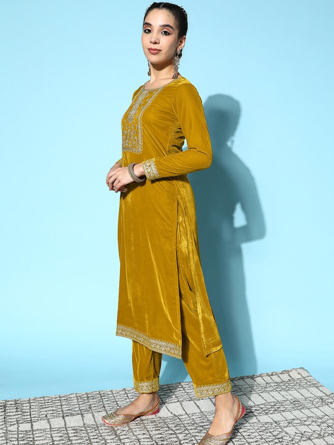 Mustard Yoke Design Velvet Straight Suit Set - Libas