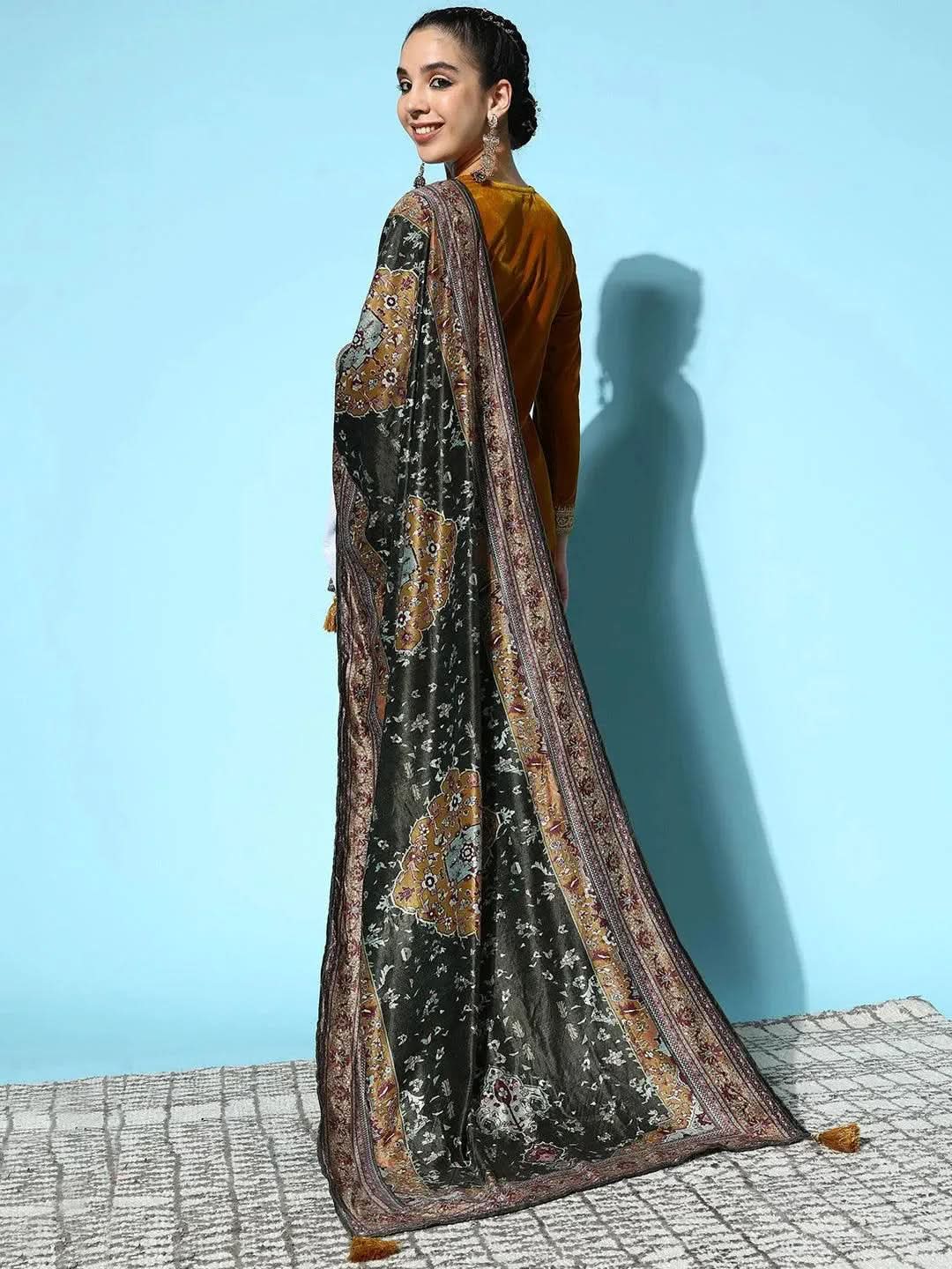 

Mustard Yoke Design Velvet Straight Kurta With Trousers & Dupatta