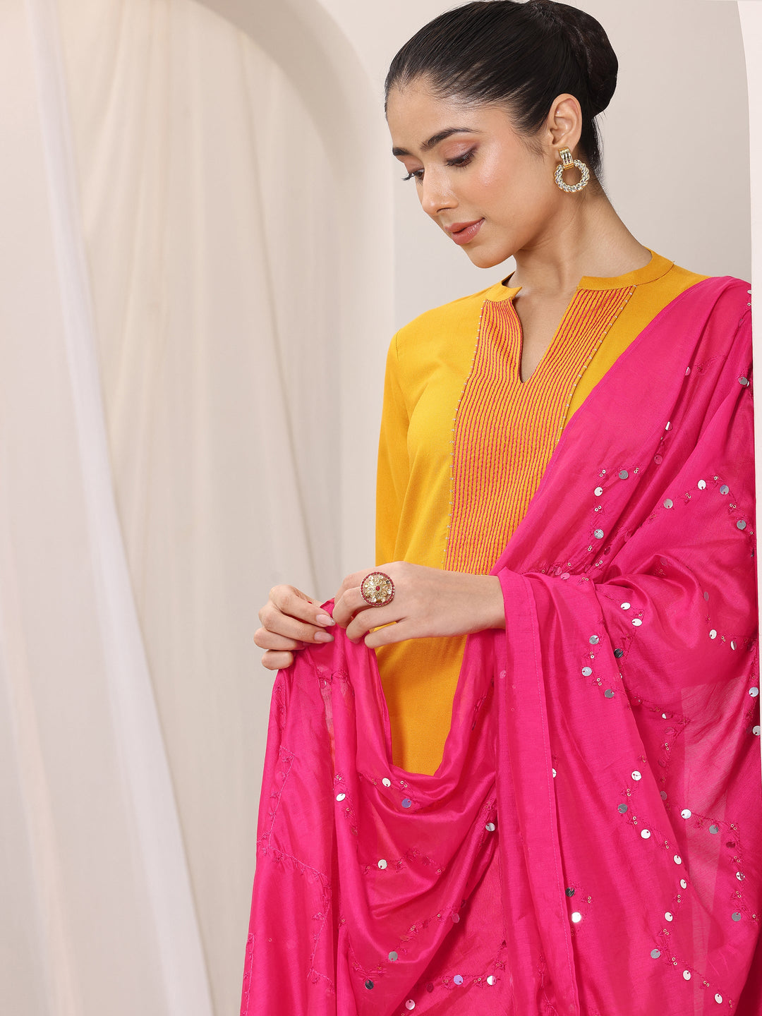 Mustard Yoke Design Viscose Rayon Straight Suit Set With Dupatta 