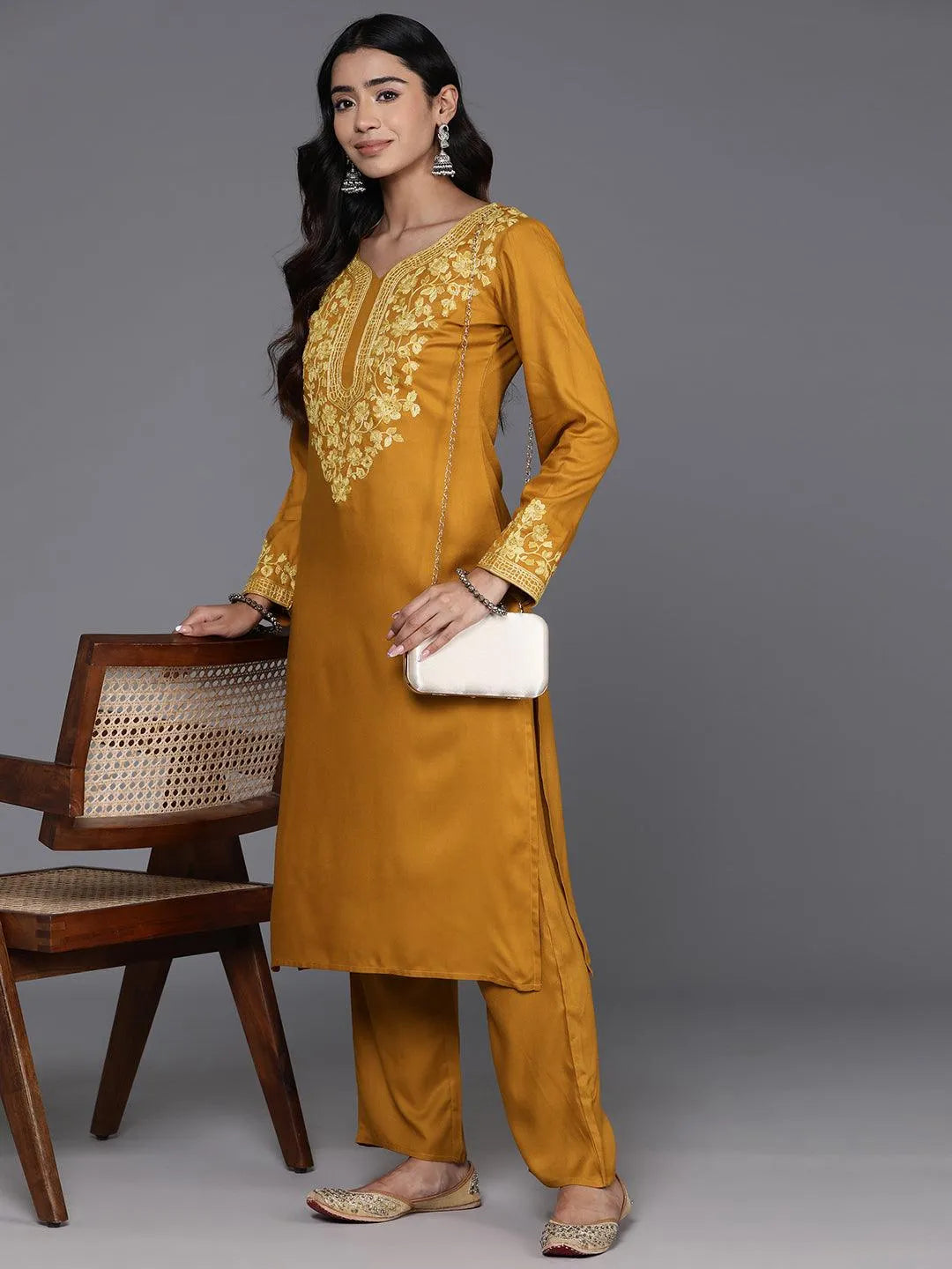 Mustard Yoke Design Wool Blend Straight Kurta With Palazzos - Libas 
