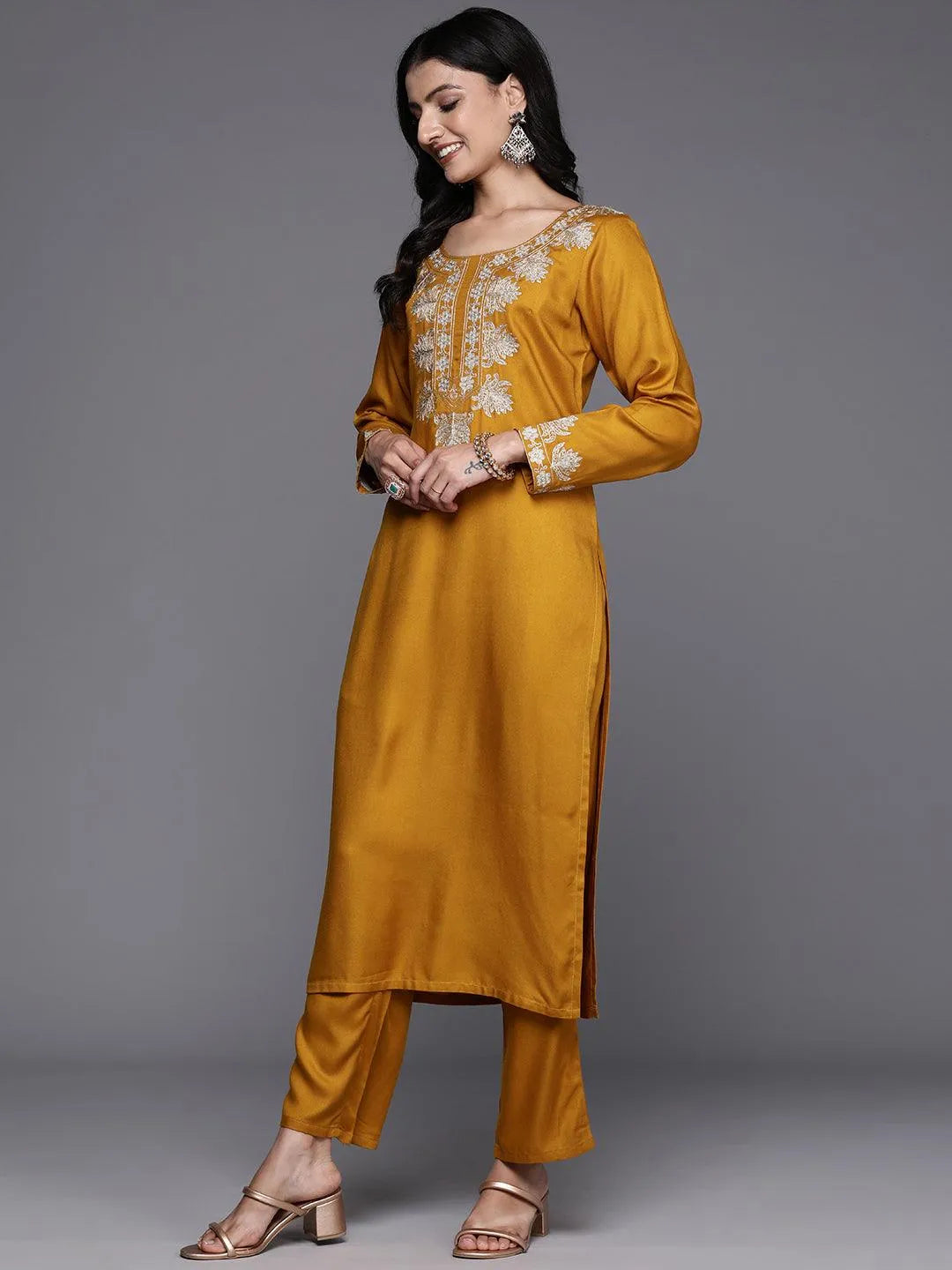 Mustard Yoke Design Wool Blend Straight Kurta With Palazzos - Libas 