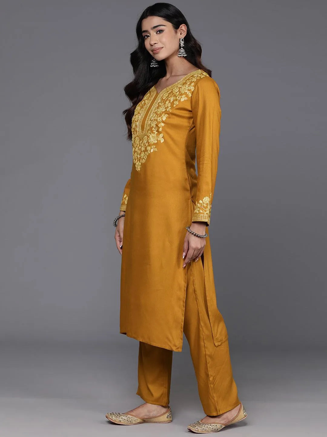 Mustard Yoke Design Wool Blend Straight Kurta With Palazzos - Libas 