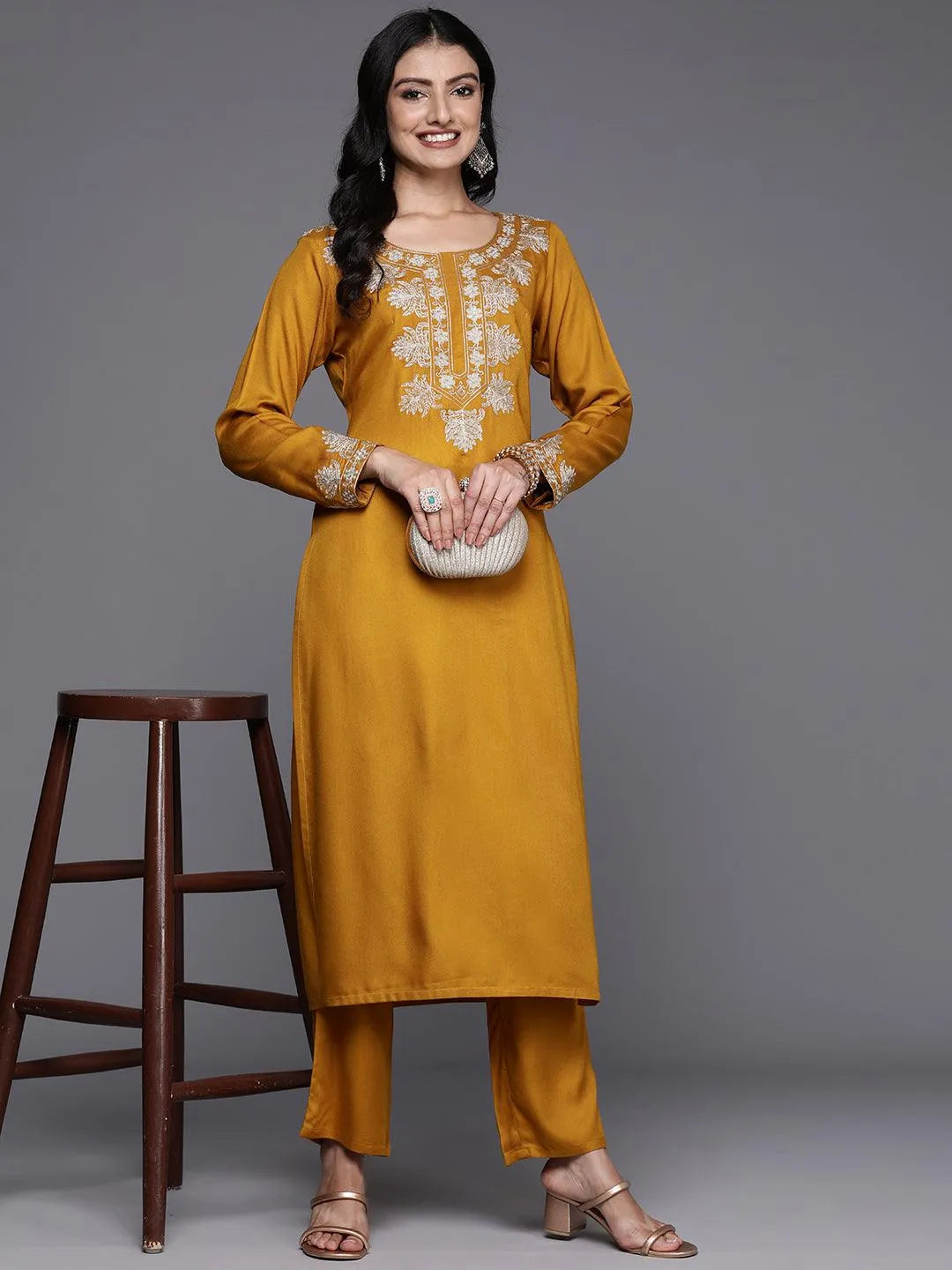 Mustard Yoke Design Wool Blend Straight Kurta With Palazzos - Libas 