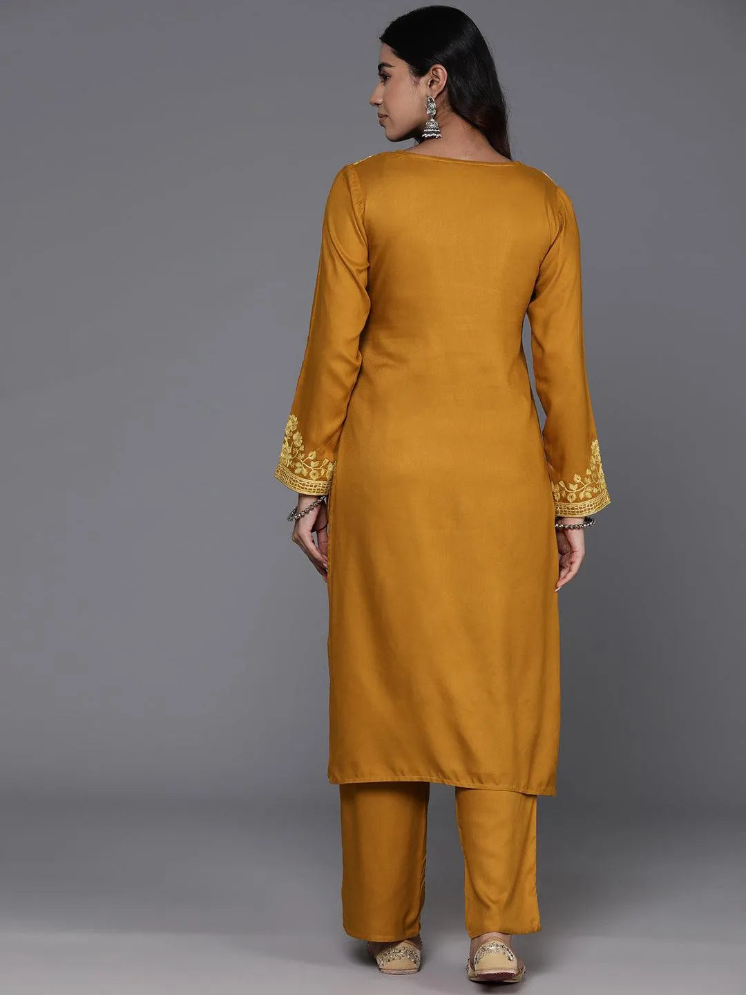 Mustard Yoke Design Wool Blend Straight Kurta With Palazzos - Libas 