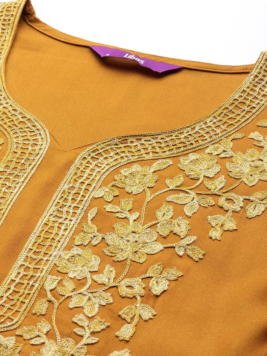 Mustard Yoke Design Wool Blend Straight Kurta With Palazzos - Libas 