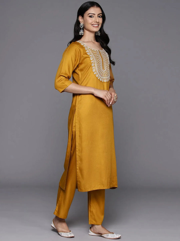 Mustard Yoke Design Wool Blend Straight Kurta With Trousers - Libas