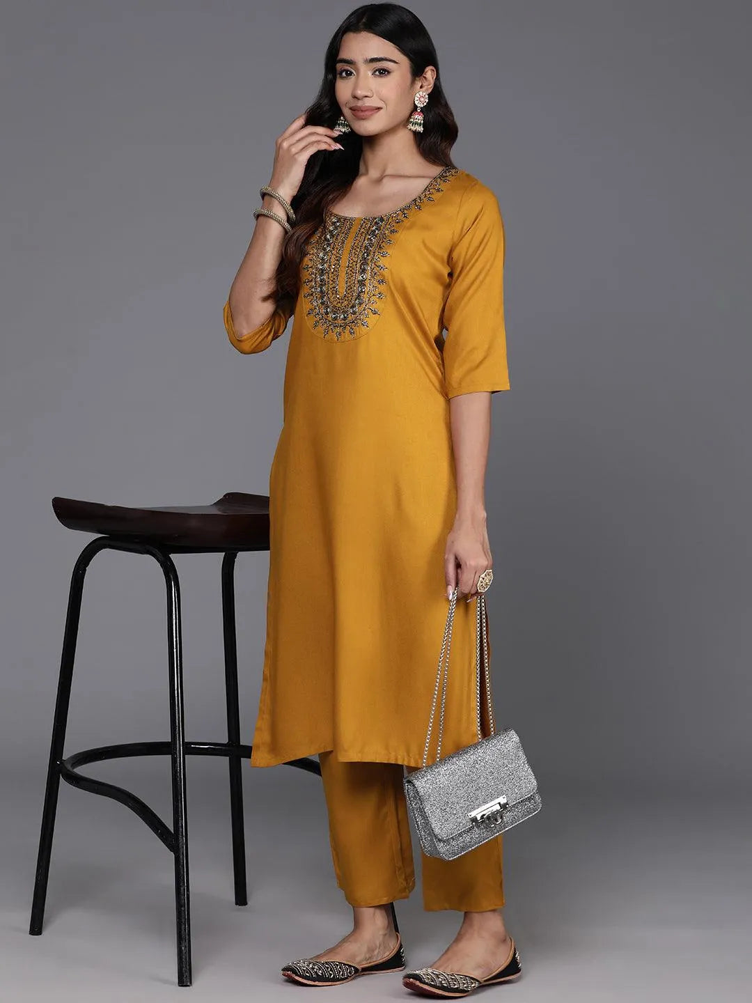 Mustard Yoke Design Wool Blend Straight Kurta With Trousers - Libas 