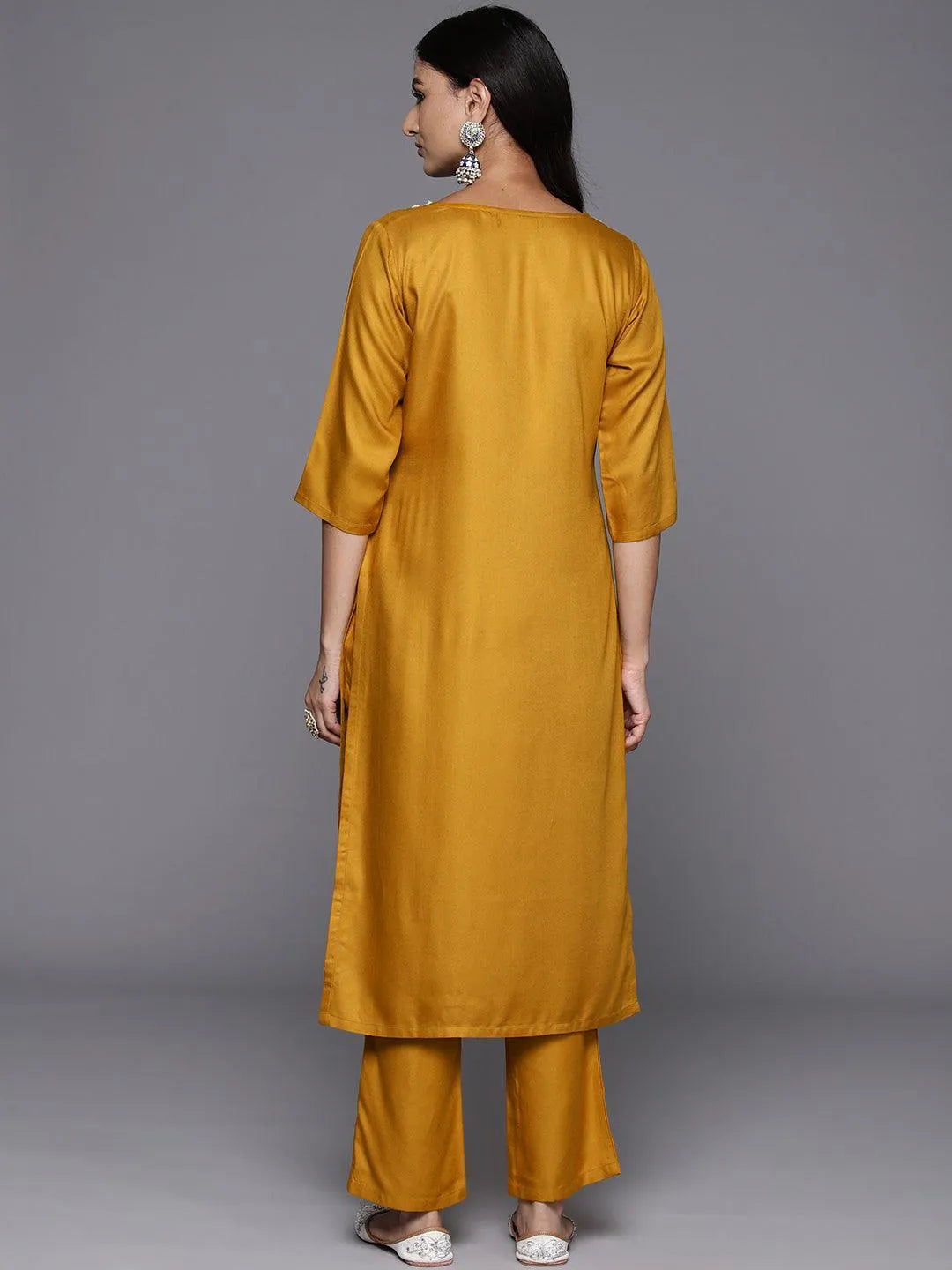 Mustard Yoke Design Wool Blend Straight Kurta With Trousers - Libas 