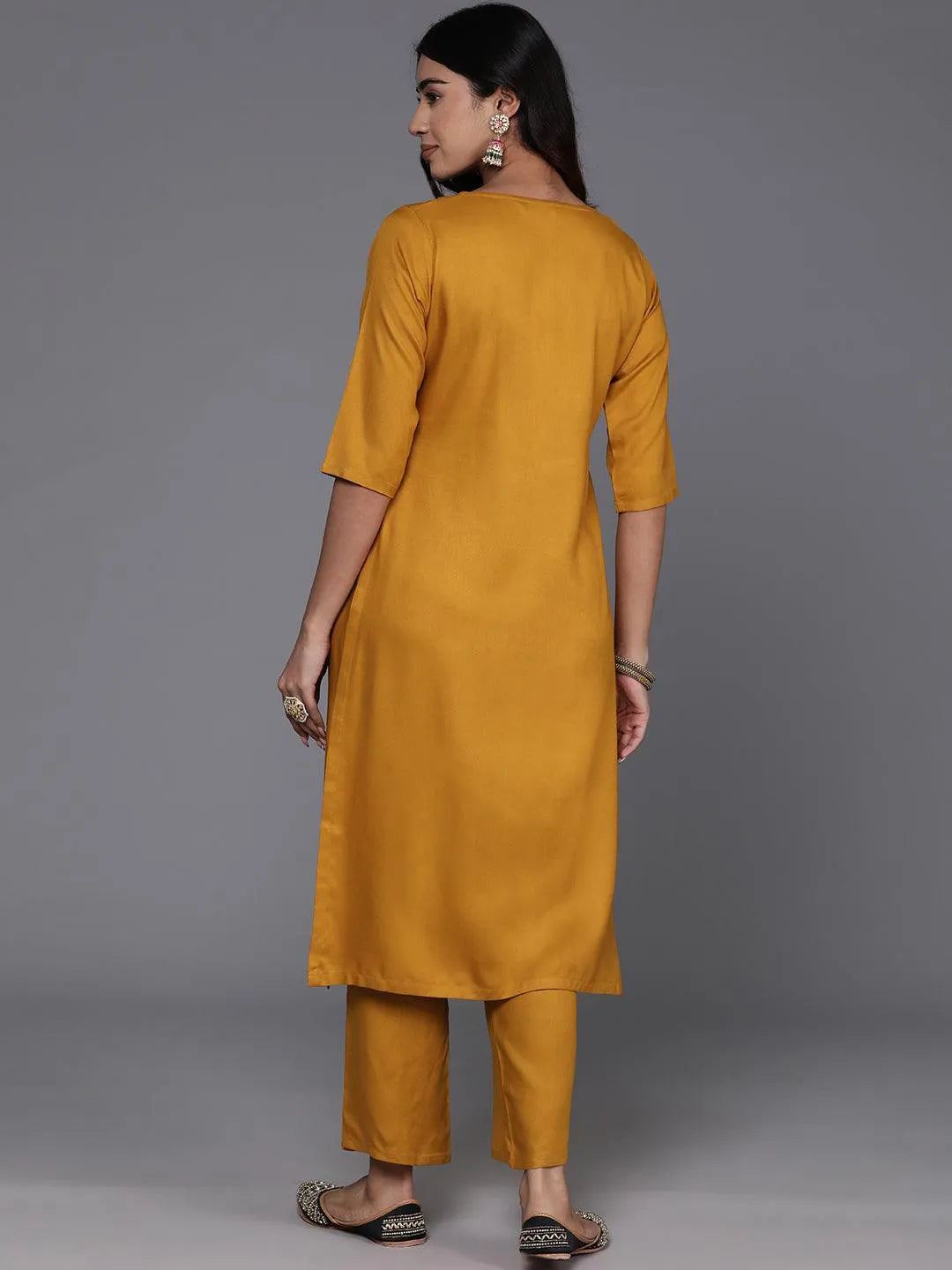 Mustard Yoke Design Wool Blend Straight Kurta With Trousers - Libas 