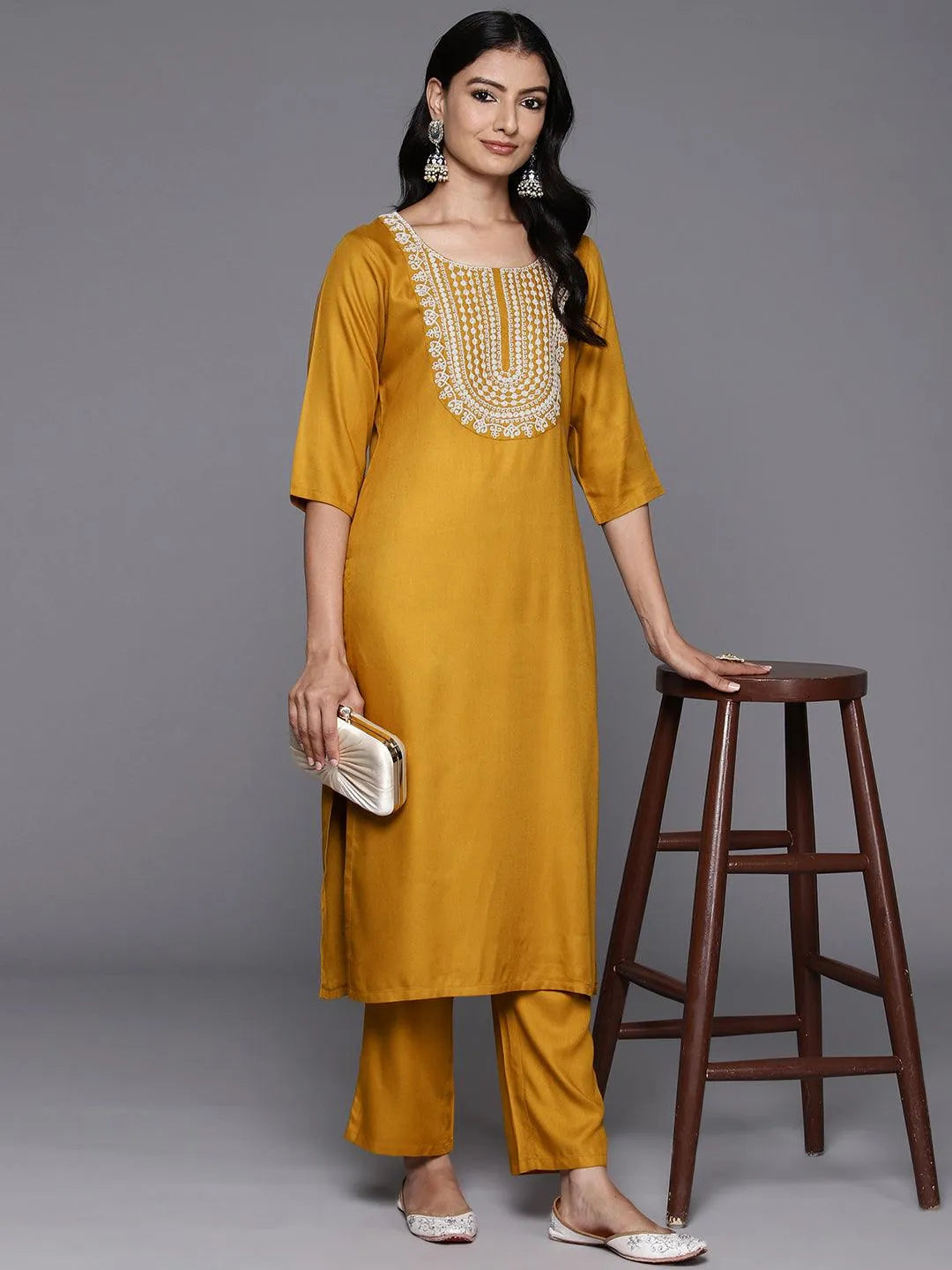 Mustard Yoke Design Wool Blend Straight Kurta With Trousers - Libas 